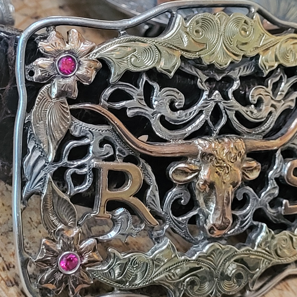 Sterling Silver 14k Gold Belt Buckle with Rubies Vintage HERMAN friedrick